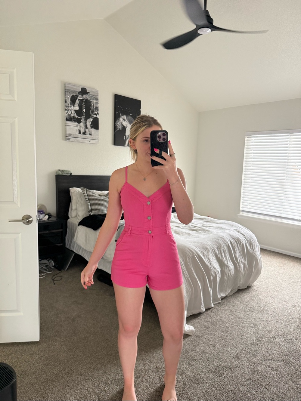 Women’s Hot Pink Button Front Romper Dress